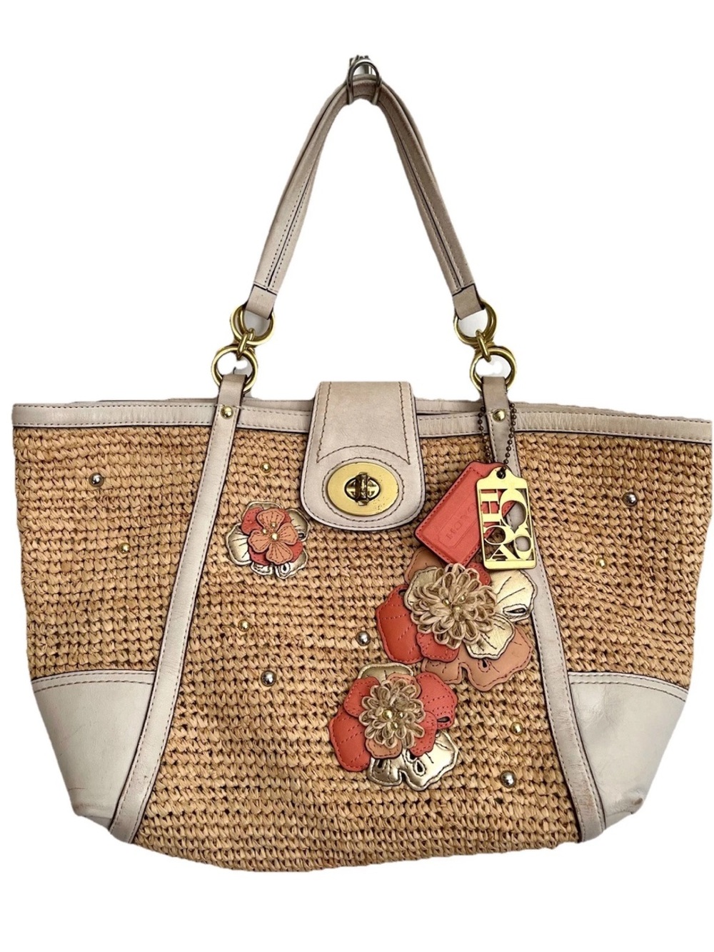 Vintage COACH Hampton Floral Applique Straw Basket White Tote Shoulder Bag 19347